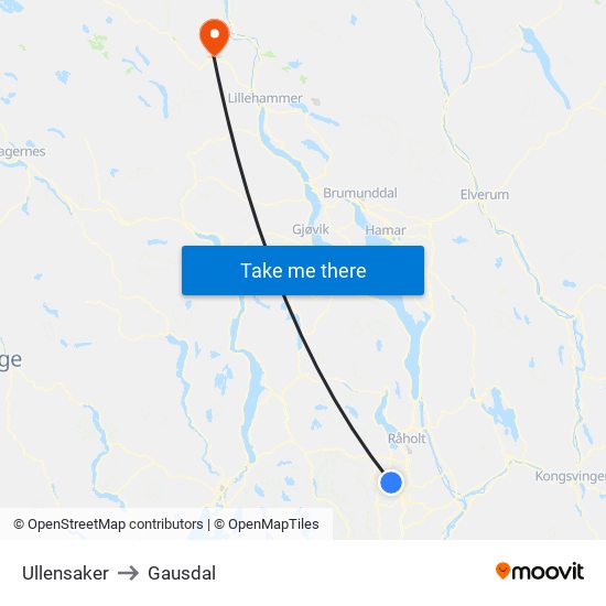 Ullensaker to Gausdal map