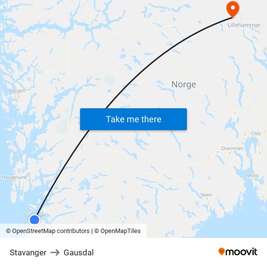 Stavanger to Gausdal map