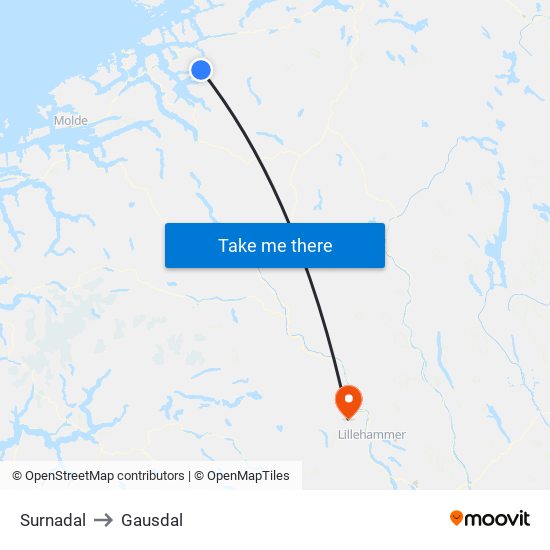 Surnadal to Gausdal map