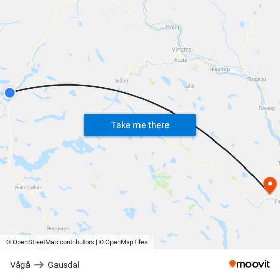 Vågå to Gausdal map