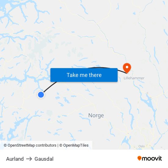 Aurland to Gausdal map
