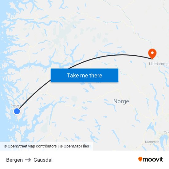 Bergen to Gausdal map