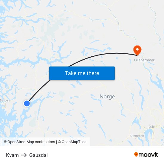 Kvam to Gausdal map