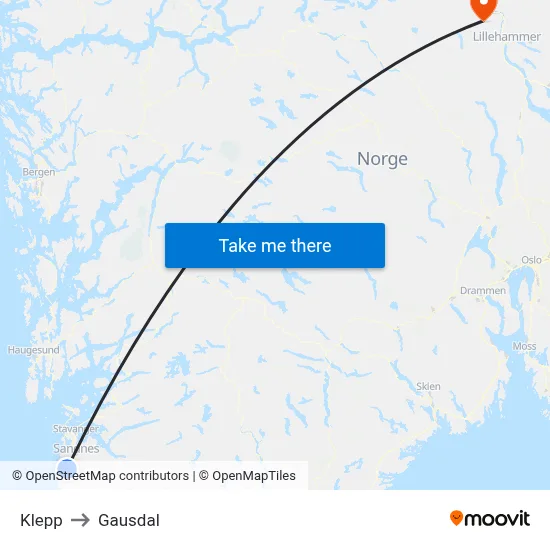 Klepp to Gausdal map