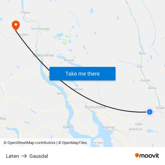 Løten to Gausdal map