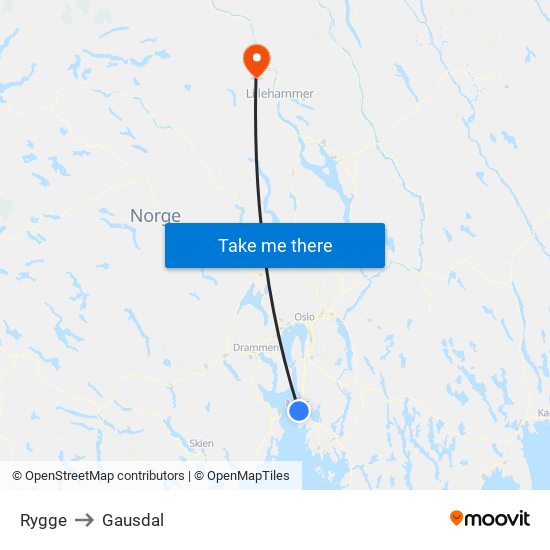 Rygge to Gausdal map