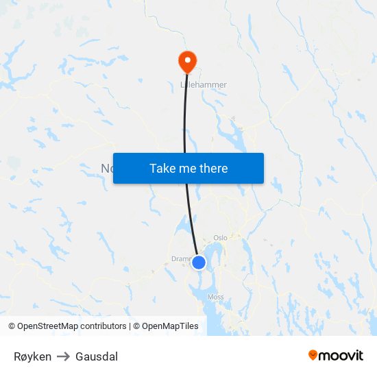 Røyken to Gausdal map