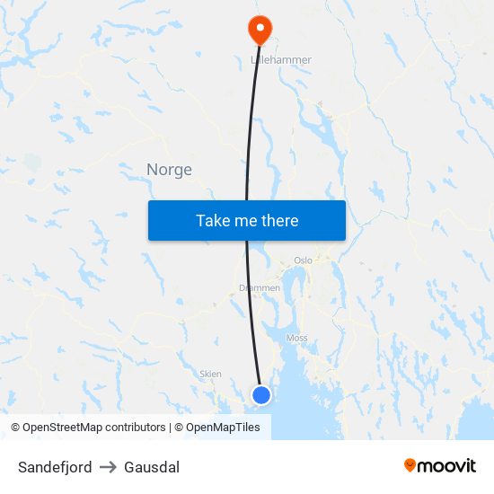 Sandefjord to Gausdal map