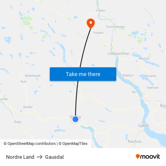 Nordre Land to Gausdal map