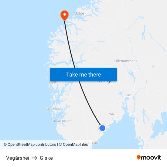 Vegårshei to Giske map