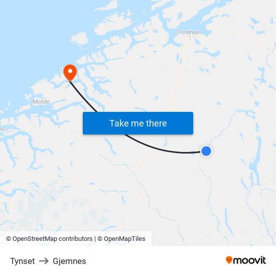 Tynset to Gjemnes map