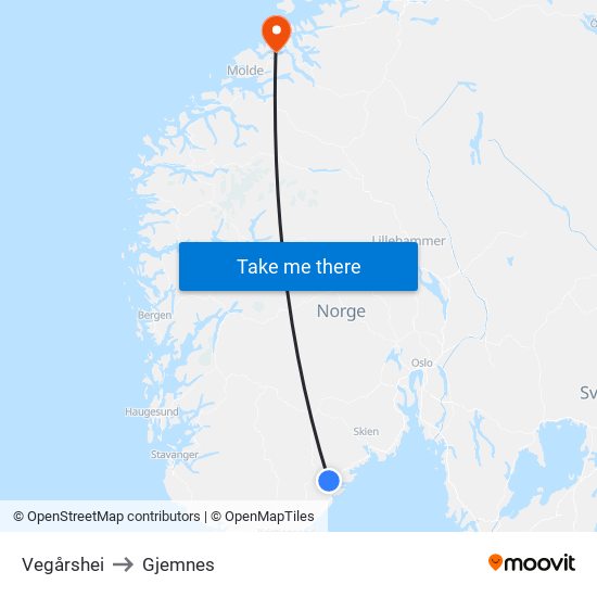 Vegårshei to Gjemnes map