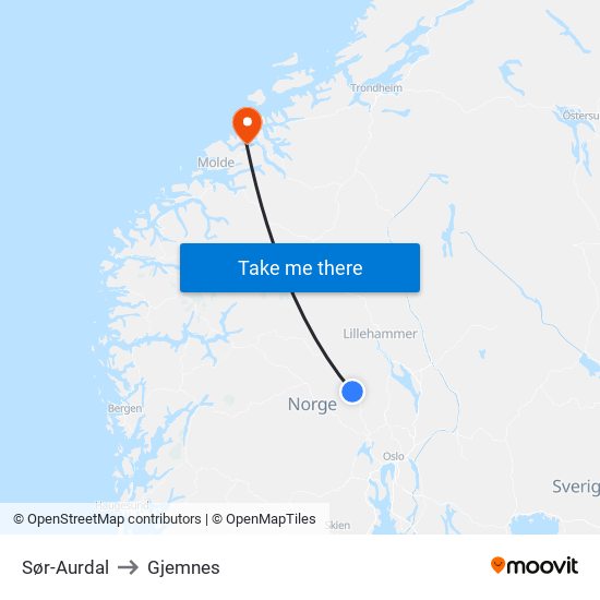 Sør-Aurdal to Gjemnes map