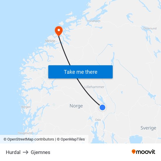 Hurdal to Gjemnes map