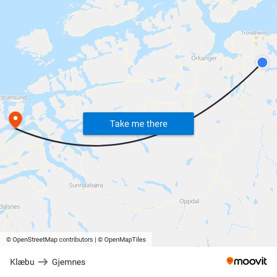 Klæbu to Gjemnes map