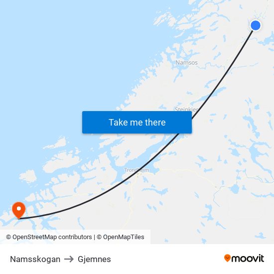 Namsskogan to Gjemnes map