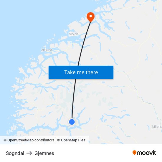 Sogndal to Gjemnes map