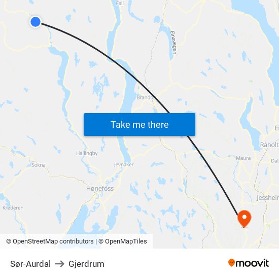 Sør-Aurdal to Gjerdrum map