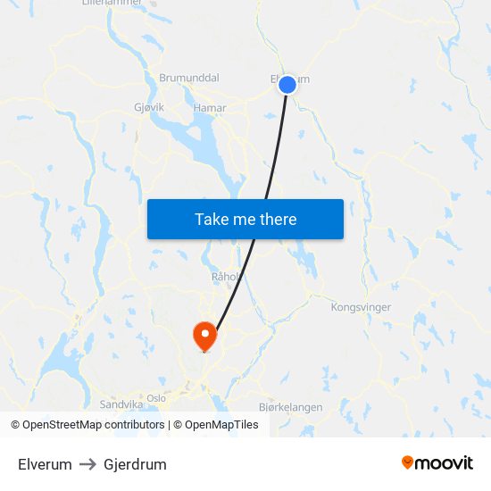 Elverum to Gjerdrum map