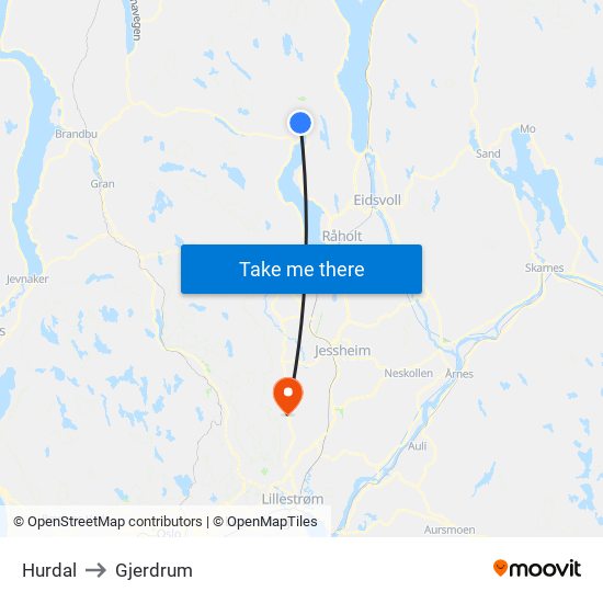 Hurdal to Gjerdrum map