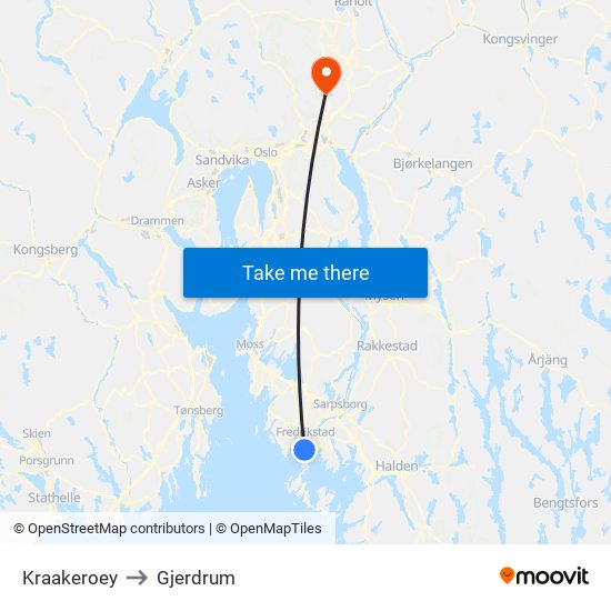 Kraakeroey to Gjerdrum map