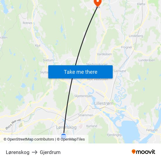 Lørenskog to Gjerdrum map