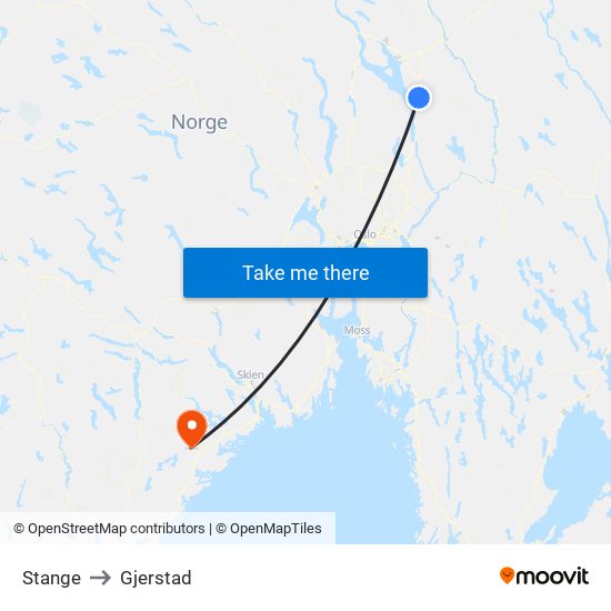 Stange to Gjerstad map