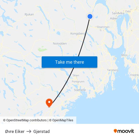 Øvre Eiker to Gjerstad map