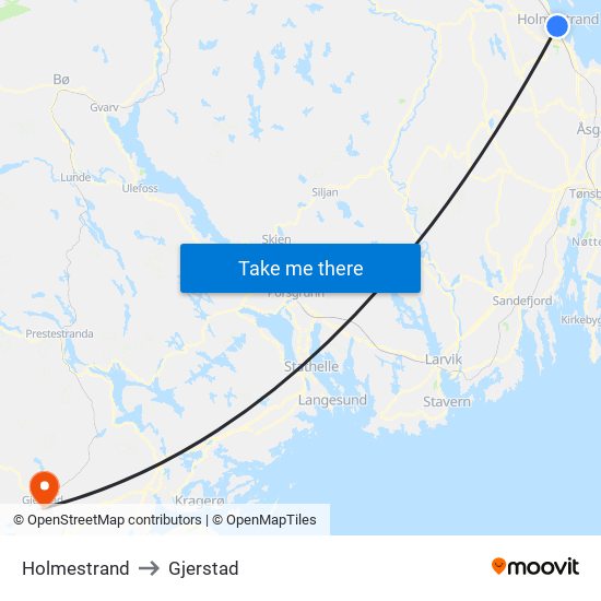 Holmestrand to Gjerstad map