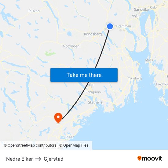 Nedre Eiker to Gjerstad map