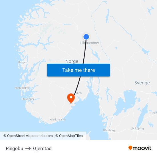 Ringebu to Gjerstad map