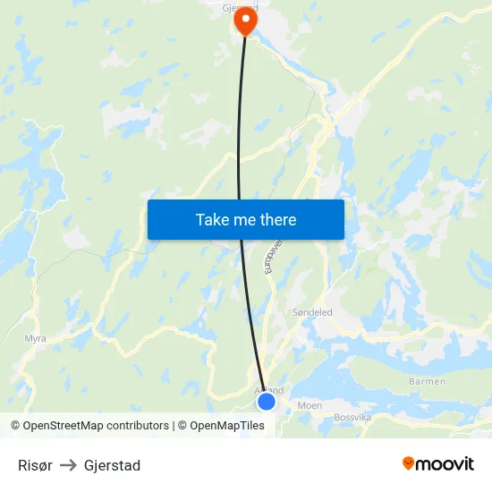 Risør to Gjerstad map