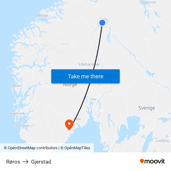 Røros to Gjerstad map