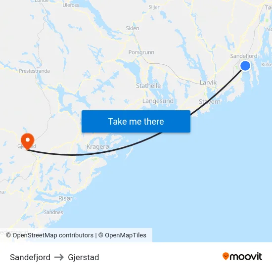 Sandefjord to Gjerstad map