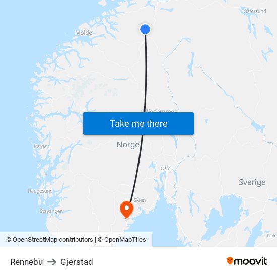 Rennebu to Gjerstad map