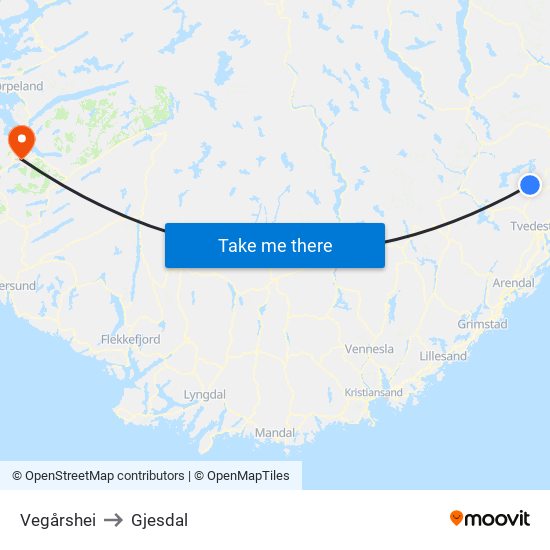 Vegårshei to Gjesdal map