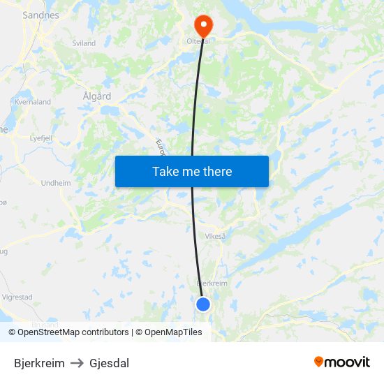 Bjerkreim to Gjesdal map