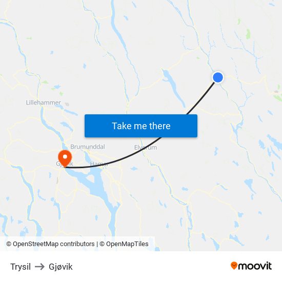Trysil to Gjøvik map