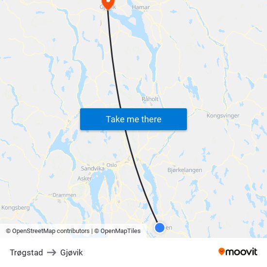 Trøgstad to Gjøvik map