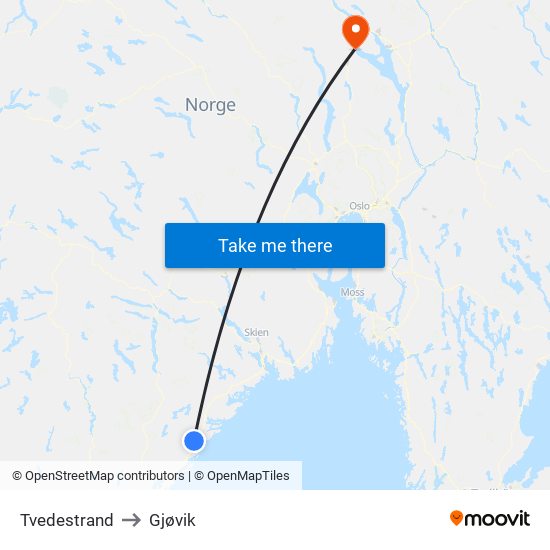 Tvedestrand to Gjøvik map