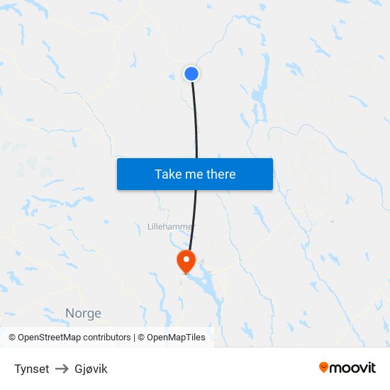 Tynset to Gjøvik map