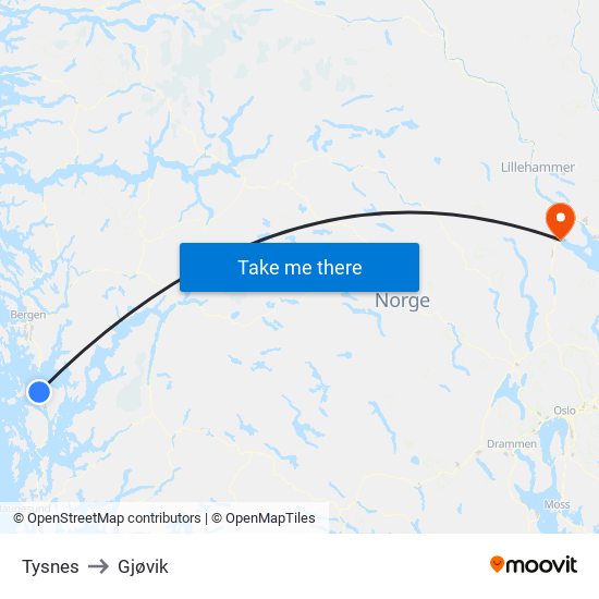 Tysnes to Gjøvik map