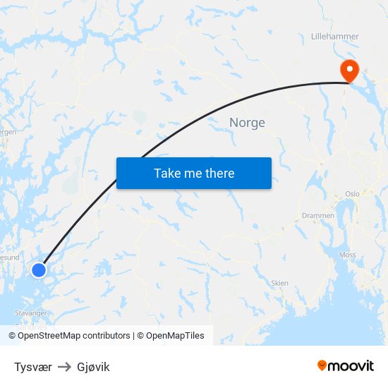 Tysvær to Gjøvik map