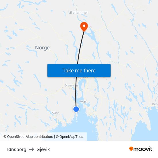 Tønsberg to Gjøvik map