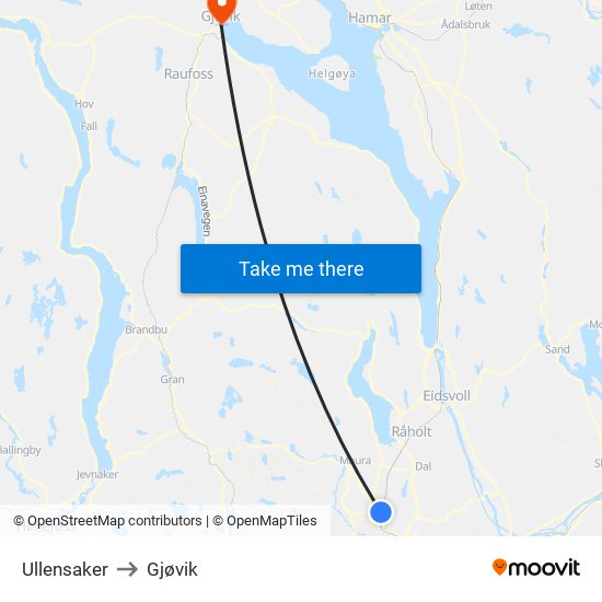 Ullensaker to Gjøvik map