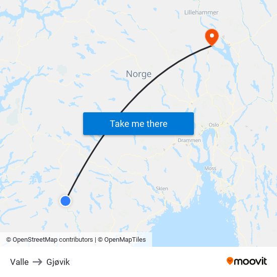 Valle to Gjøvik map