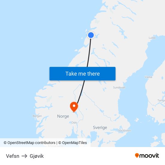 Vefsn to Gjøvik map