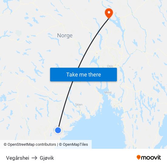 Vegårshei to Gjøvik map