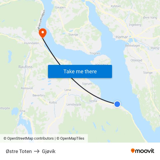 Østre Toten to Gjøvik map