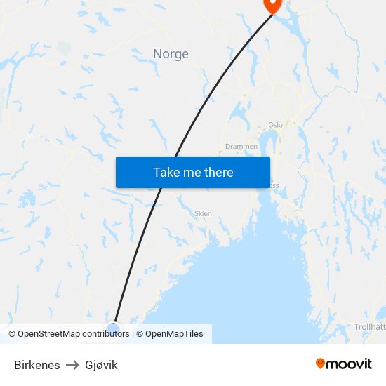 Birkenes to Gjøvik map